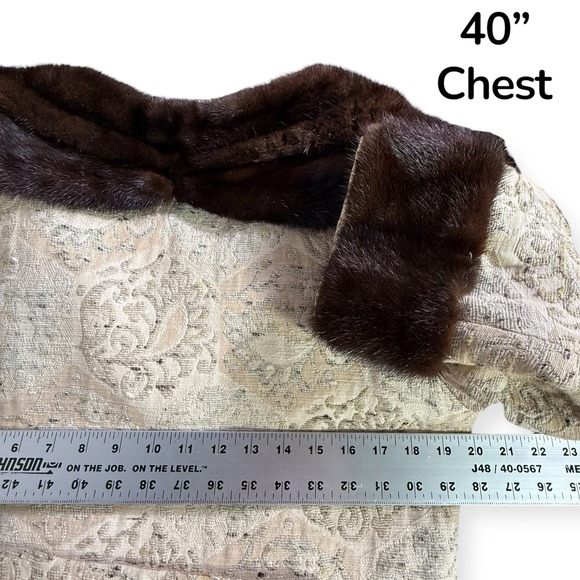 Vintage Damask Coat Mink Fur Collar & Cuffs Double-Breasted Heavy Coat Size M - Picture 11 of 16